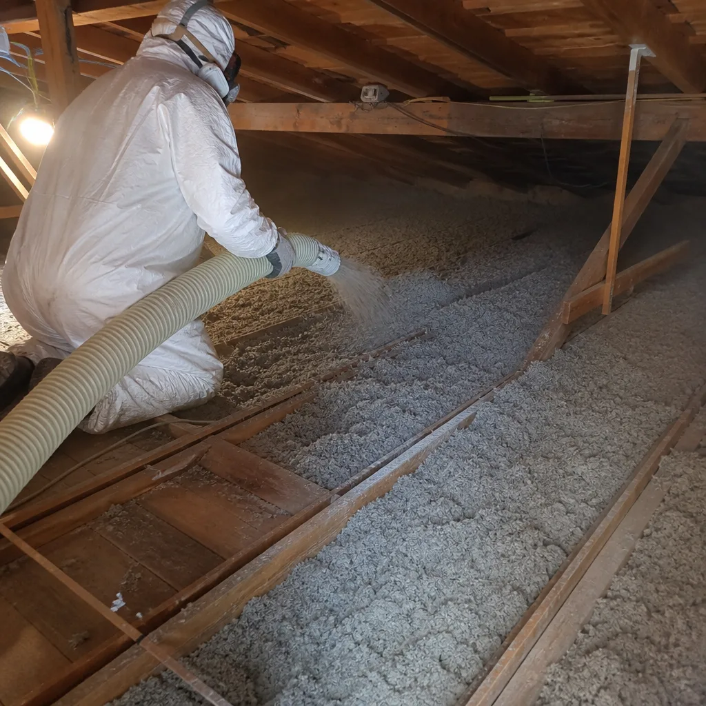 Professional contractor blowing cellulose insulation into a residential attic space