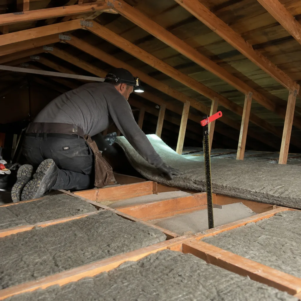 Contractor installing professional attic insulation in a wooden residential loft