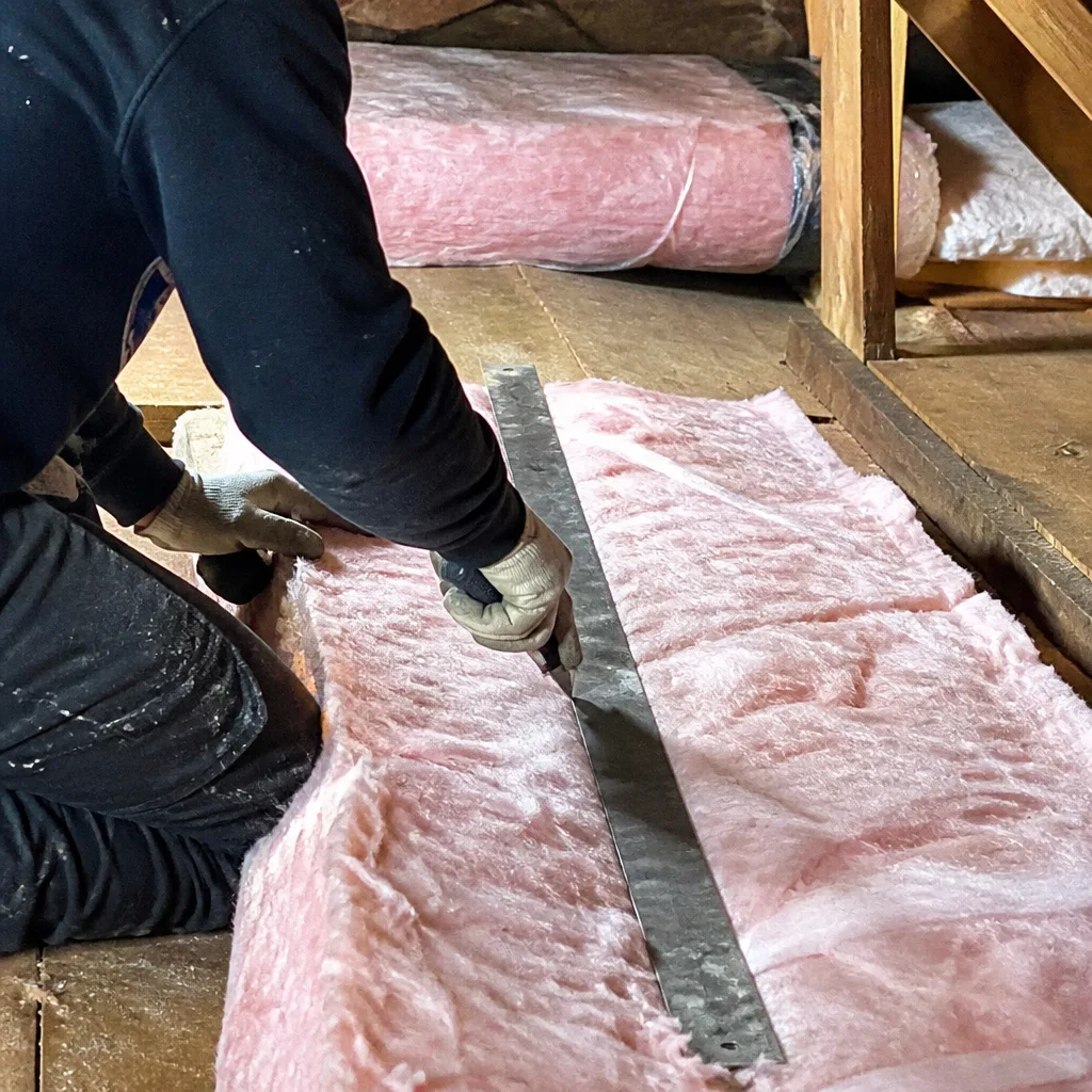 Professional cutting pink fiberglass attic insulation with a utility knife and straightedge