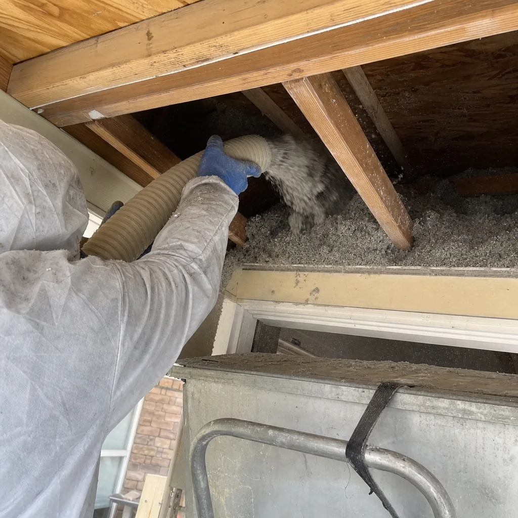 Technician performing blown-in attic insulation installation with professional hose equipment