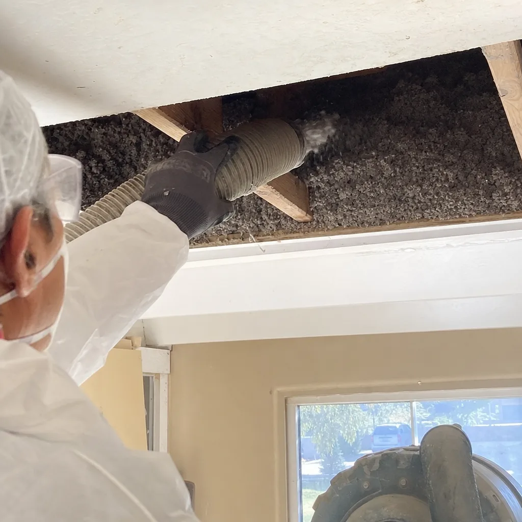 Professional technician installing blown-in cellulose insulation in a home ceiling