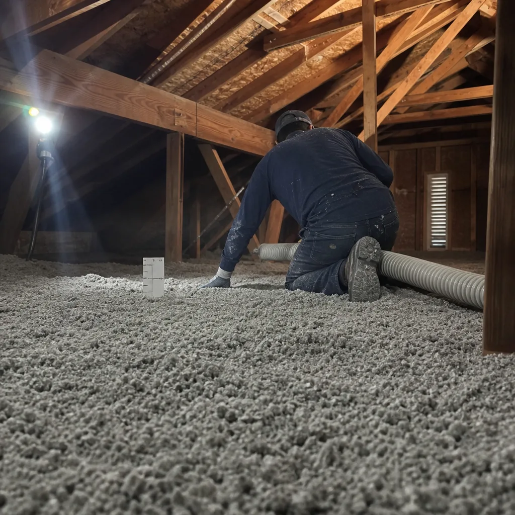 Technician installing blown-in cellulose insulation in a residential attic space