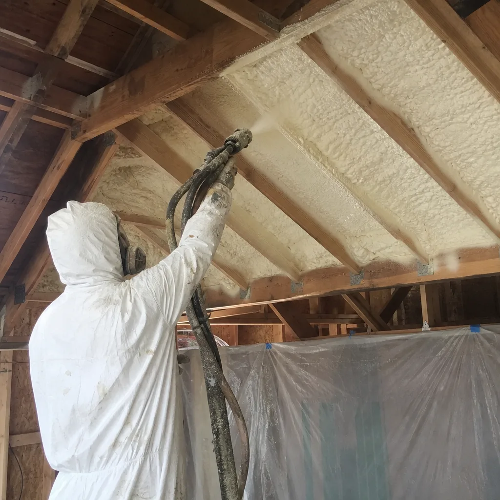 Contractor applying spray foam insulation to attic rafters