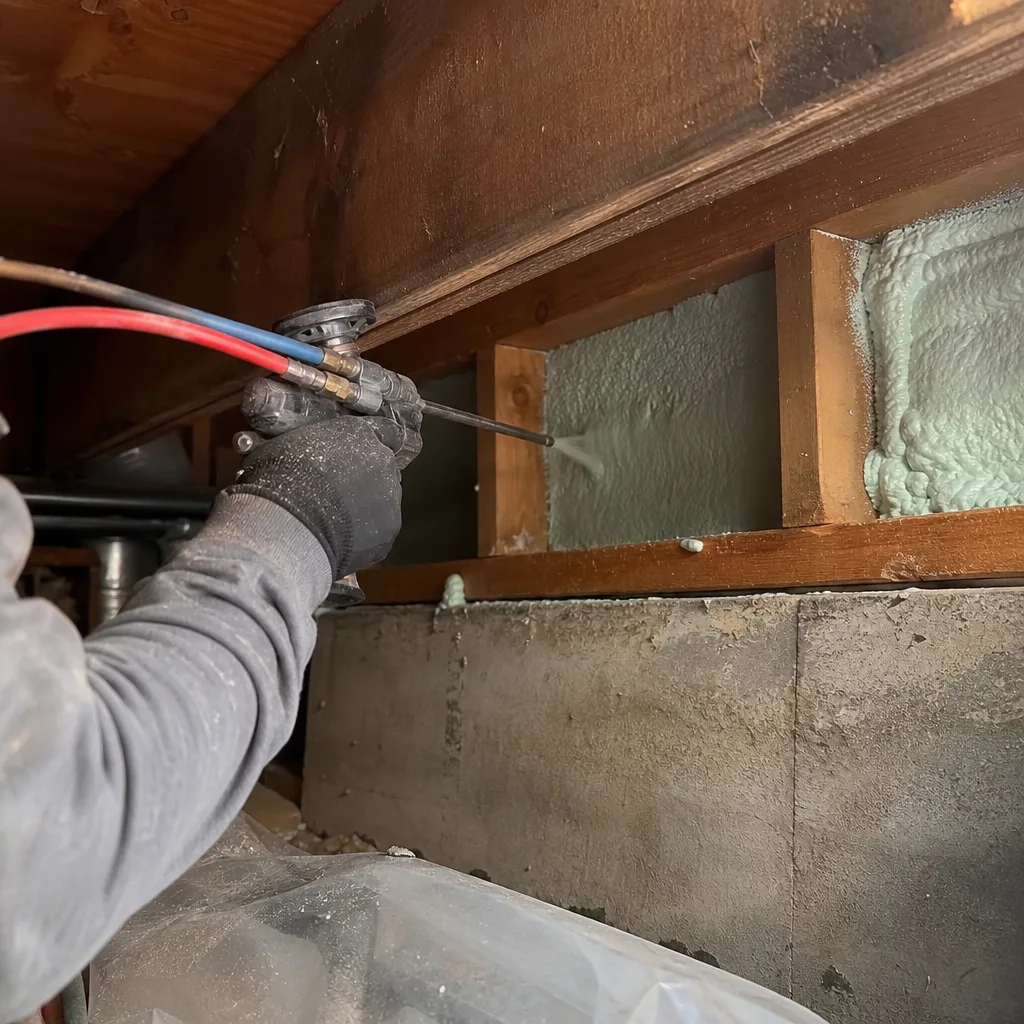 Professional applying spray foam insulation between wooden joists