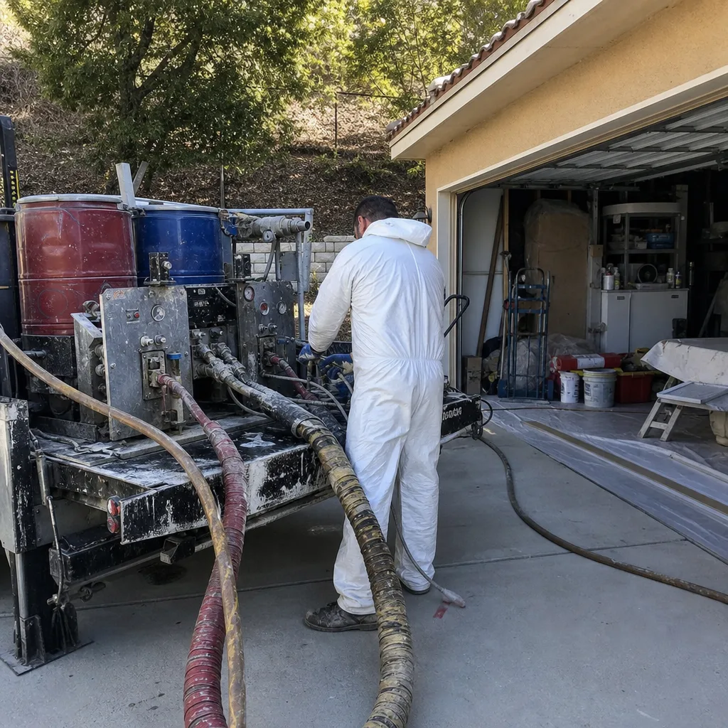 Contractor using professional spray foam insulation equipment on a residential job site